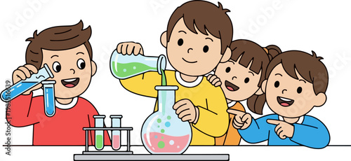Cartoon children doing science experiments, group of kids learning chemistry with test tubes and flasks, elementary school students in lab vector