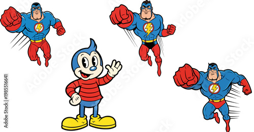 Retro comic superhero character set, vintage cartoon mascot in flying poses, classic blue and red hero vector illustrations for branding