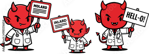 Cartoon devil doctor character set, red demon physician wearing white lab coat and stethoscope, cute satanic medical mascot holding protest signs