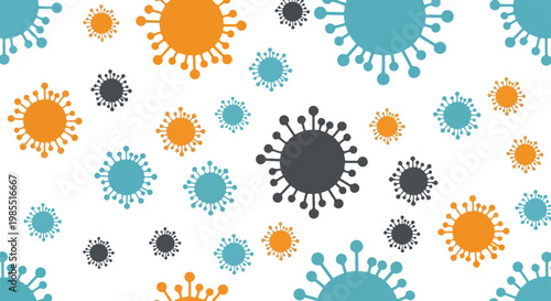 Coronavirus seamless pattern vector, colorful virus cell background, medical microbiology wallpaper with orange and blue bacteria icons