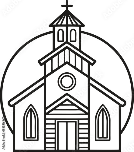 Simple outline illustration of a classic church building featuring a steeple and prominent cross icon