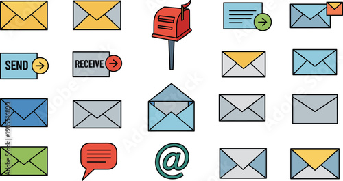 Email and Messaging Vector Set with Envelopes, Mailbox, Send and Receive Icons