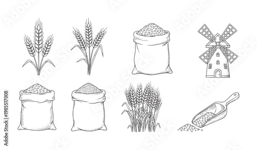Wheat stalks sacks windmill and scoop with grain
