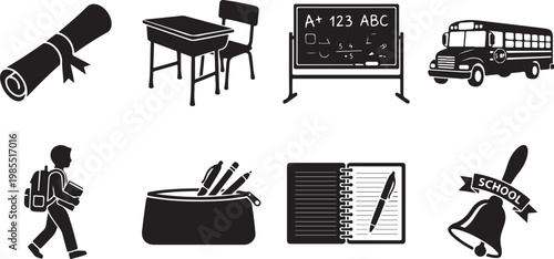 School icons, education symbols, classroom graphics, back to school illustrations, 8 vector elements