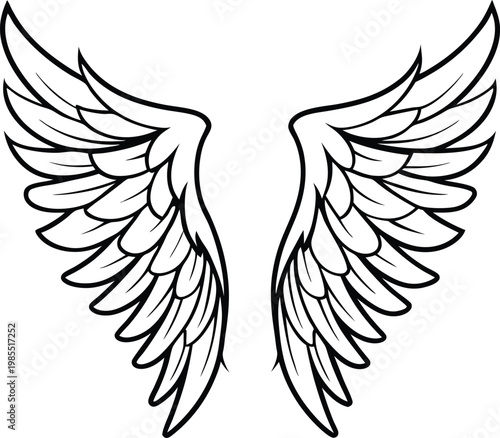 Stylized pair of majestic feathered wings spread open ready for flight and ascension