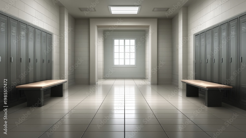 Fototapeta premium Spacious and Modern Locker Room Interior Design with Lockers, Benches, Lighting, and Bright Window Enhancing Athletic Facility Ambiance
