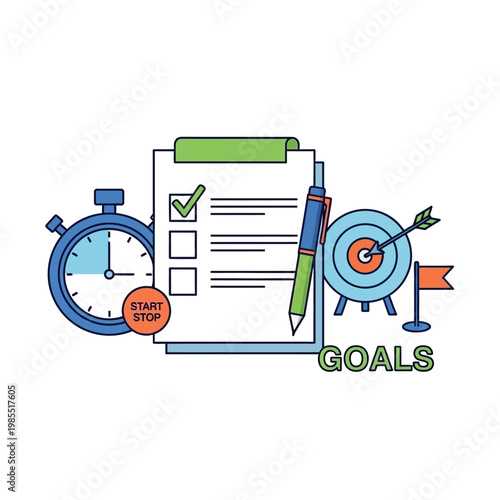 Goal Setting And Planning Concept: Checklist, Stopwatch, Target, Pen, Flag