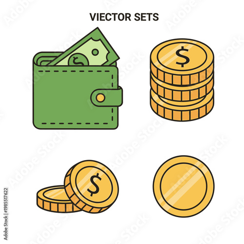 Green Wallet with Cash and Gold Coins Stacked, Financial Icons