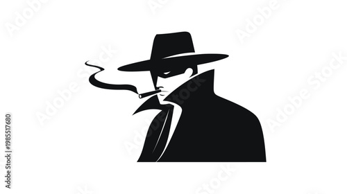 Stylized silhouette of a mysterious man in fedora hat and trench coat smoking a cigarette, classic noir detective style.