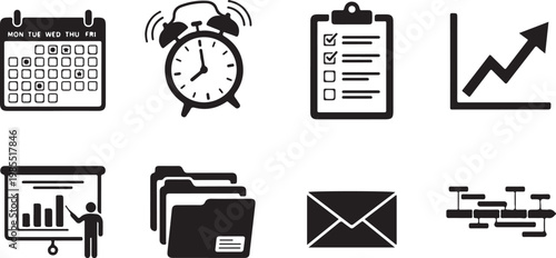 Business icons, office symbols, productivity graphics, workflow signs