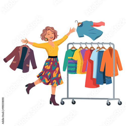 Woman enthusiastically holding and showcasing various colorful clothing items on a rack