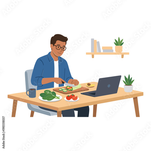 Man eating lunch at desk with laptop and food