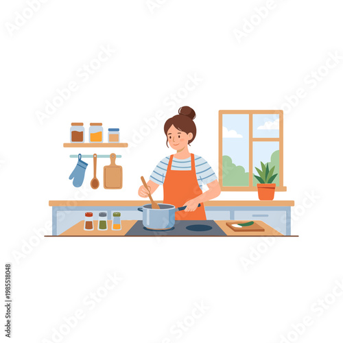 Woman cooking in a kitchen with pot and utensils on countertop near window