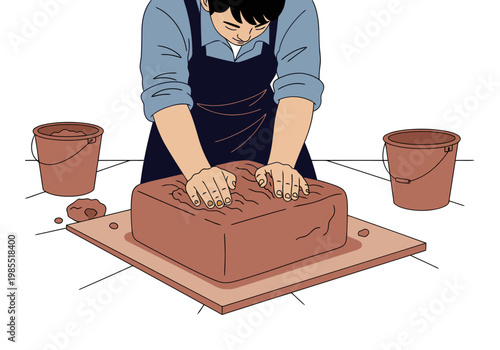 A young Asian potter kneads clay on a worktable, preparing for pottery. Focused hands and a simple workspace create a serene, craft-focused image.