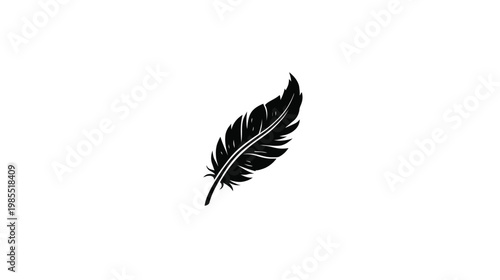Elegant black feather illustration on white background. Vintage ink quill pen graphic element, simplicity and lightweight concept.