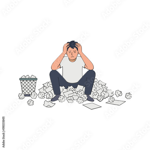 A frustrated man sits amidst crumpled papers, feeling overwhelmed.