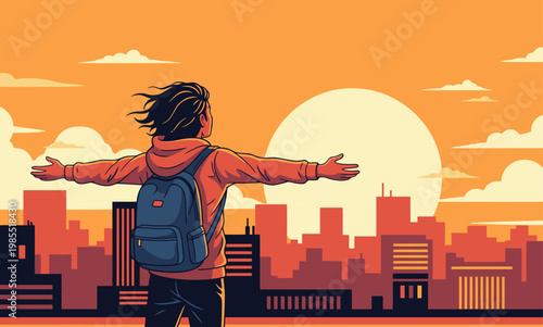 A young Asian teenager stands on a rooftop, arms outstretched, enjoying a vibrant sunset cityscape. A feeling of freedom and youthful optimism radiates from this dynamic scene.