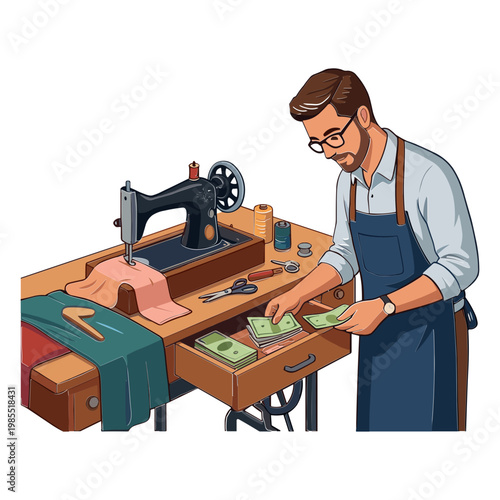 Man works at sewing machine in workshop with money