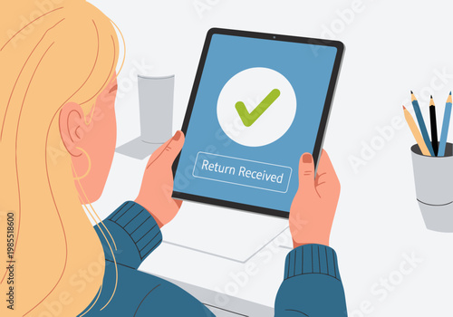 A woman checks a tablet displaying a 'Return Received' confirmation.  Bright, modern workspace with a clean aesthetic.  Professional and successful.