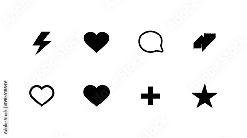 Collection of black vector social media and UI icons: heart, like, star, comment, message, add, lightning, engagement symbols for web design.