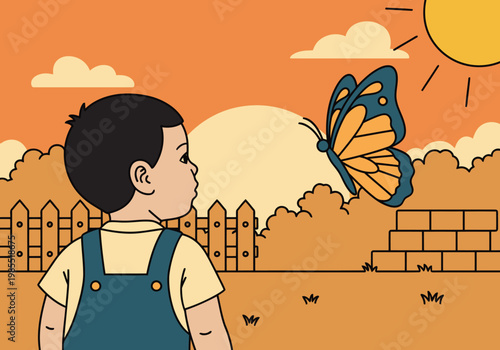 A curious child watches a butterfly near a fence at sunset. A warm, inviting scene with a focus on nature and childhood wonder. Suitable for lifestyle and educational content.