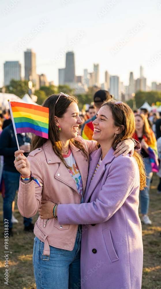Obraz premium Two smiling people hug, holding a rainbow flag. Represents pride, togetherness, and celebration of diversity at an outdoor event with city skyline