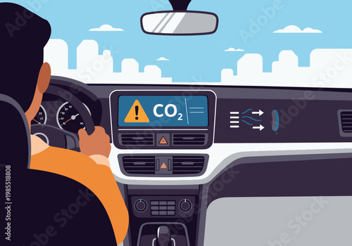Driver observes a car cabin CO2 monitor display. The dashboard shows a CO2 level reading. Modern car interior, focused on safety and technology. Clear, informative graphic.