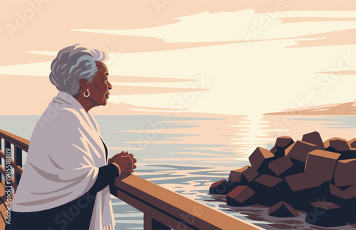 An elderly woman gazes at a stunning ocean sunset, radiating peaceful reflection. A beautiful, serene illustration perfect for lifestyle and wellness themes.