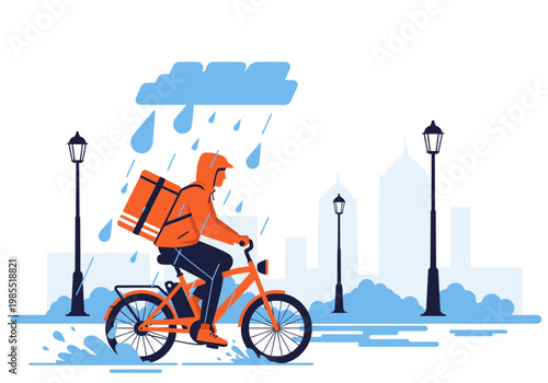 An e-bike delivery rider navigates a rainy city street, ensuring safe delivery. Vibrant colors and a modern style highlight this urban scene.
