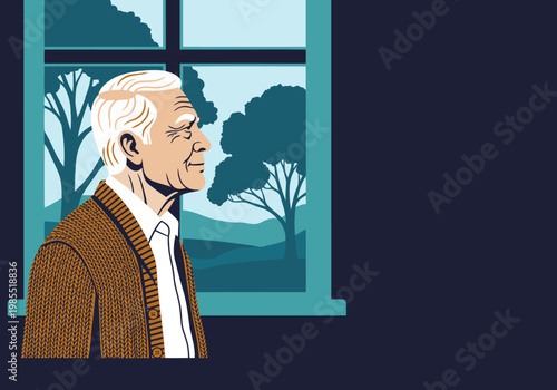 An elderly man gazes peacefully through a window at a serene landscape.  Warm colors and a vintage illustration style create a calming, nostalgic mood. Senior window, serene view.