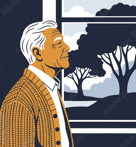 An elderly man gazes thoughtfully through a window at a serene landscape. A warm, inviting portrait with a vintage style.