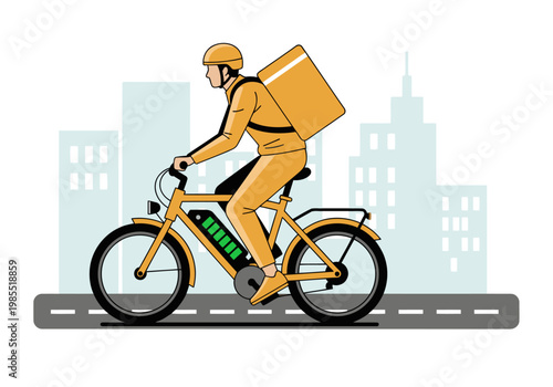 An electric bike courier delivers packages in a city setting. A vibrant illustration showcases efficient urban delivery. Perfect for business and lifestyle visuals.