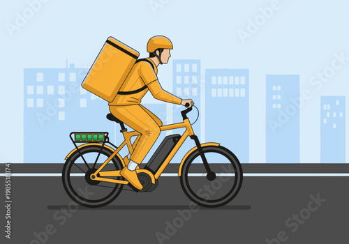 An electric bike delivery courier rides through a city, delivering food. Bright, modern illustration. Ideal for business and logistics visuals.