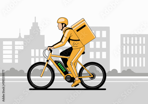 An electric bike courier delivers packages in a city setting. Bright, modern illustration. Ideal for business and delivery concepts.