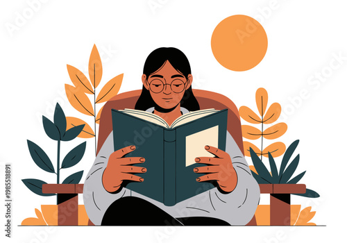 A woman enjoys a peaceful reading hour, immersed in a book surrounded by autumn foliage. A warm, inviting scene perfect for promoting relaxation and well-being.