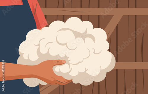 A farmer holds a fluffy bundle of raw wool fiber. Rustic wooden backdrop. Warm, textured illustration. Ideal for textile, crafting, and agricultural themes.