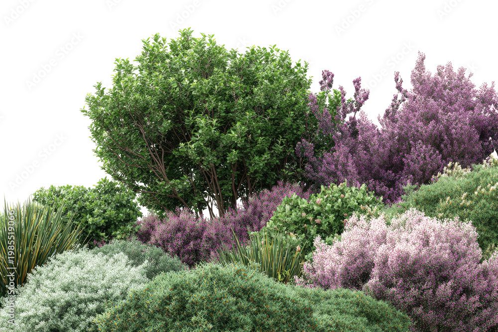 Obraz premium Lush, vibrant, and diverse assortment of bushes and flowering plants against a black backdrop