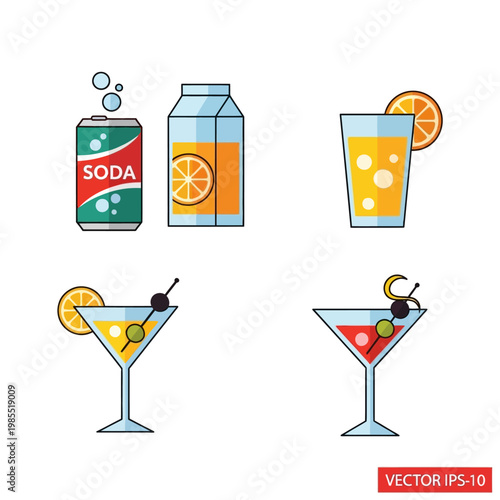 Set of refreshing drinks: soda can, juice box, and cocktails with orange slice