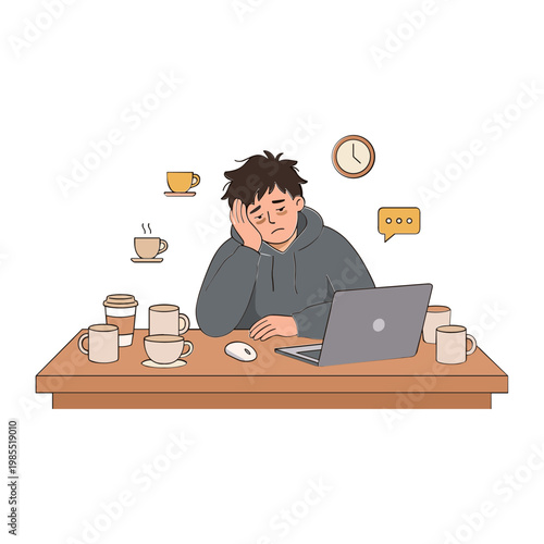 A stressed man sits at a cluttered desk with coffee cups and a laptop.