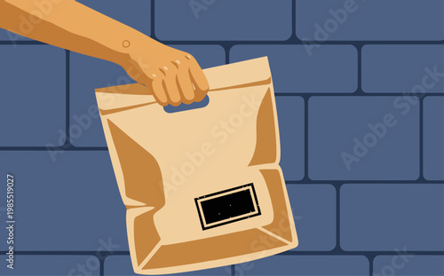 A hand holds a hemp shipping mailer bag against a textured brick wall.  Clean, modern illustration. Ideal for packaging and e-commerce visuals.