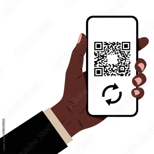 A hand holds a smartphone displaying a QR code, with a return smartphone icon. Modern, professional, and visually engaging. Suitable for digital marketing and technology themes.