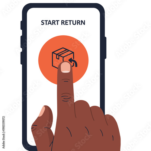A hand taps the ?Start Return? button on a smartphone screen, initiating a return process. Modern, vibrant design. Ideal for e-commerce and mobile app marketing.