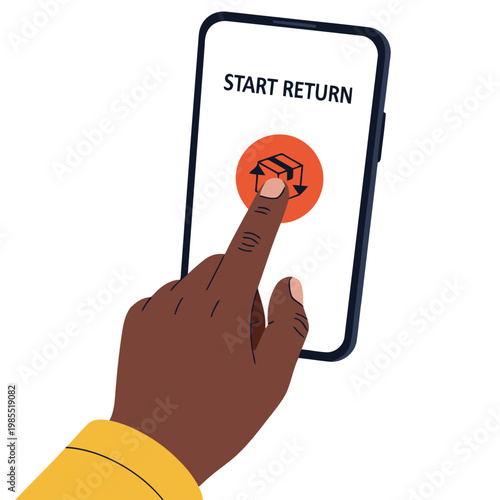 A hand taps a ?Start Return? app button on a smartphone, showcasing a vibrant return process. Bold colors and a modern design create a clear call to action.