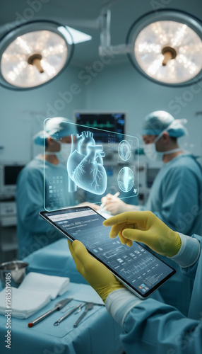 Operating room with surgeon using tablet displaying a heart graphic, representing advanced technology in healthcare, medical data, and surgical procedure