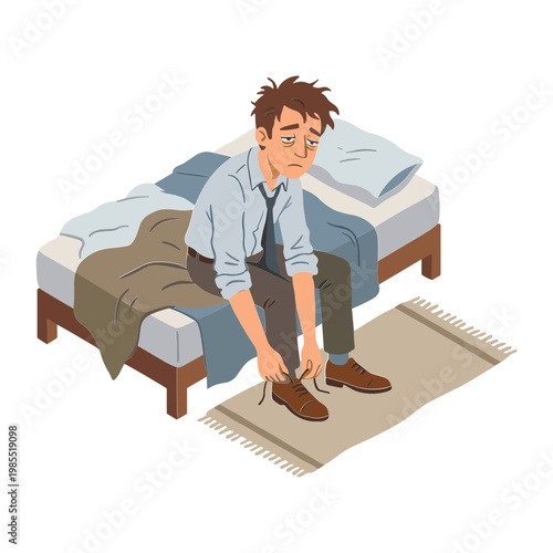 Man sitting on bed tying shoes in morning