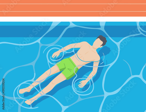 A man relaxes in a swimming pool, floating and enjoying a peaceful moment. Vibrant blue water and a clear, sunny day create a refreshing scene.
