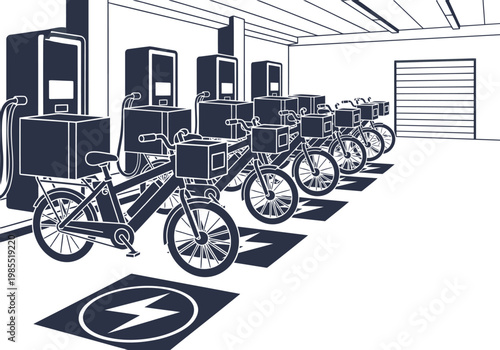 A modern ebike fleet charging hub showcases electric bikes and charging stations. Clean lines and a minimalist design create a professional and sustainable image.