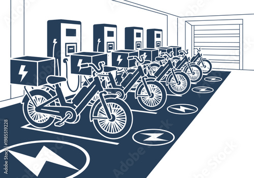 A modern ebike fleet charging hub showcases electric bikes and charging stations. Clean lines and a blue color scheme create a professional and sustainable image.