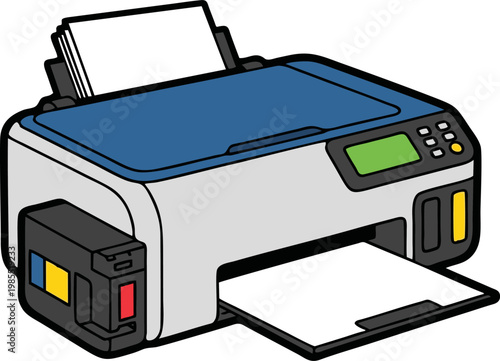 Printer Illustration Showing a Modern Inkjet Device with Paper Loaded and Ink Tanks