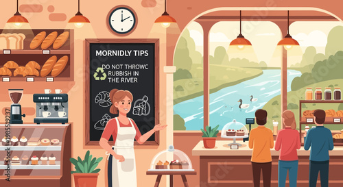 Woman wearing white apron standing.